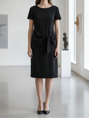 Dylan Gray Solid Black Short Sleeve Drape Front Luxe Shift Dress Size 6